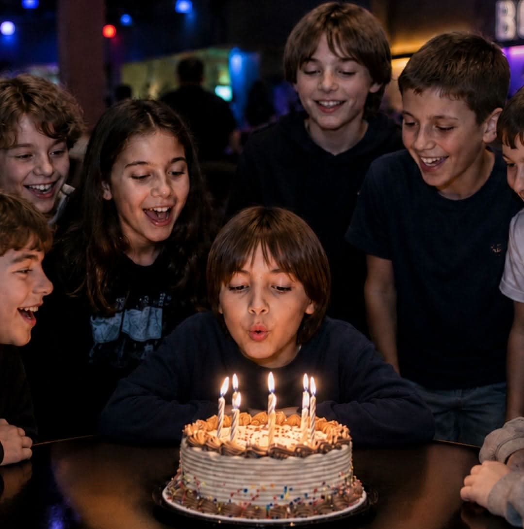 Chicos soplando las velitas de una torta de cumpleaños en Paloko